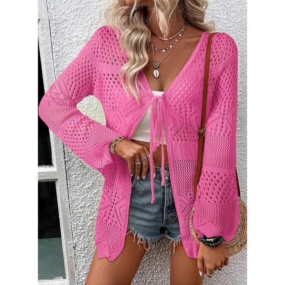 SHEWIN Women's Pink Crochet Tie Front Cardigan Hollow Out Summer Medium - Picture 3 of 5